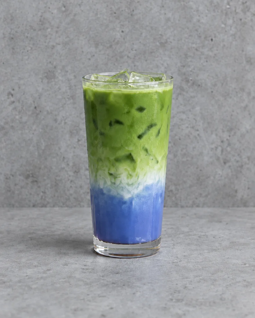 Blue Matcha Latte — Layered matcha over blue butterfly pea latte