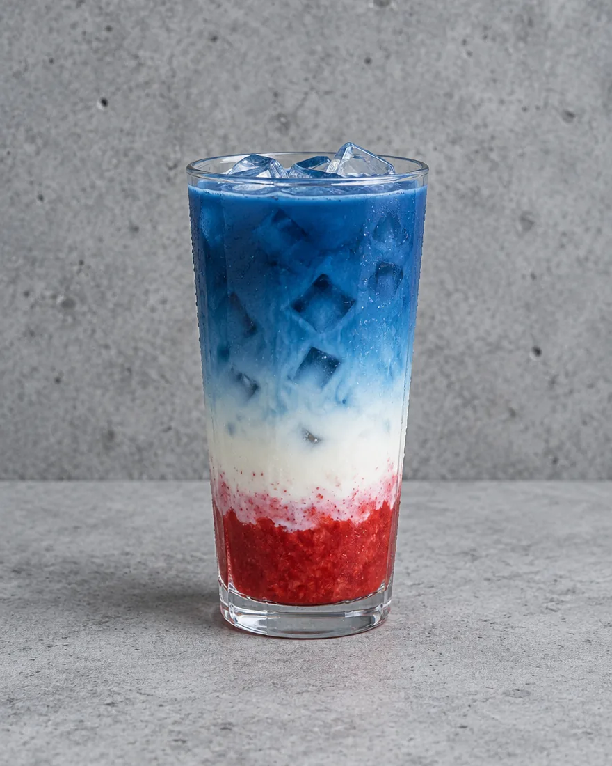 Strawberry Iced Blue Matcha Latte — Blue matcha latte layered over milk and strawberry