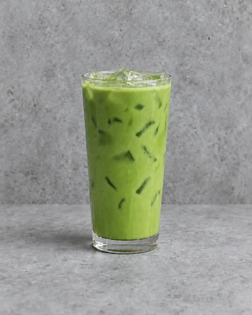 Matcha Latte — Green iced matcha latte in a tall glass